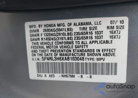 2010 Honda Odyssey Ex-L from USA, damaged, VIN 5FNRL3H6XAB103048